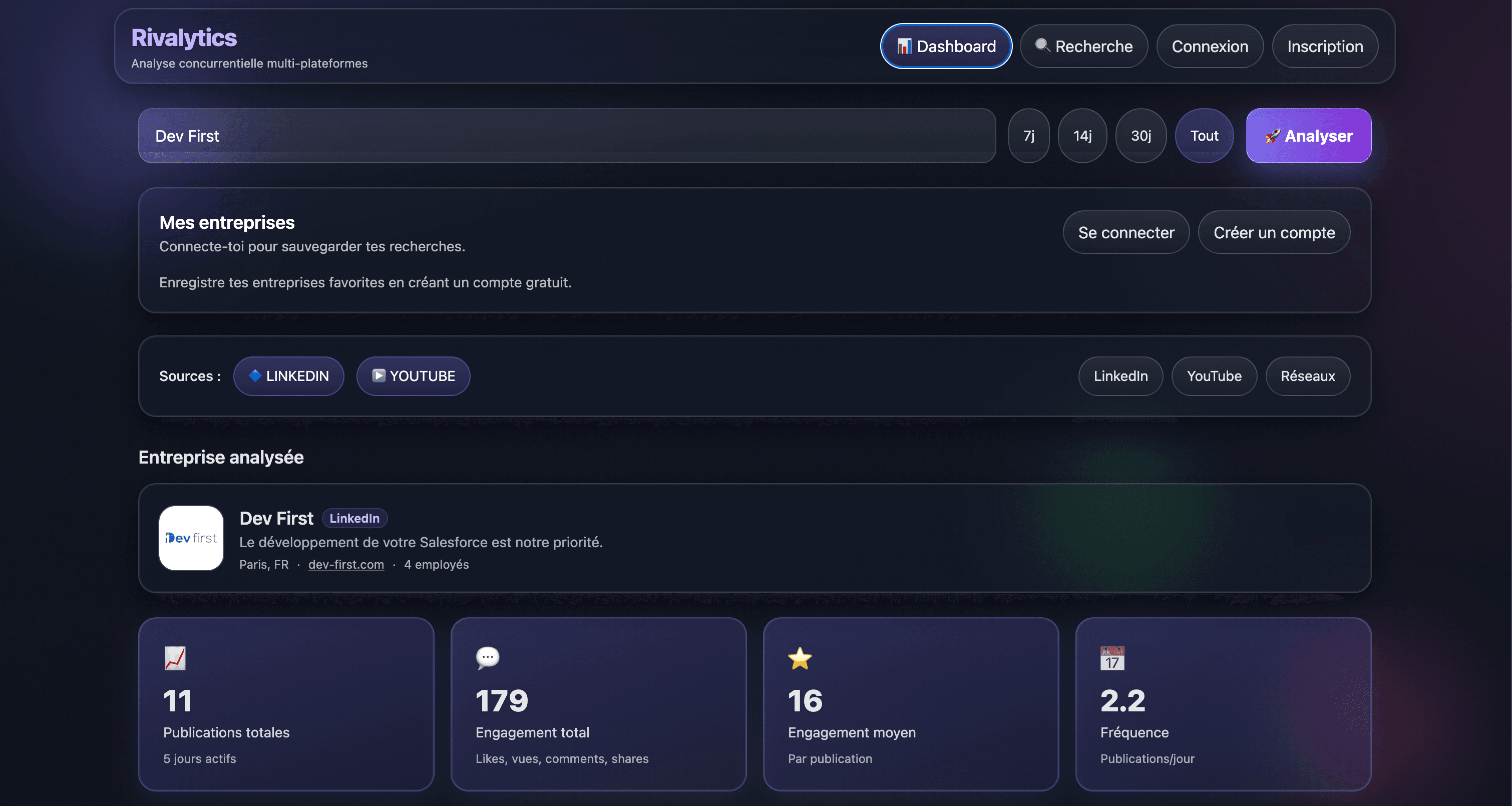 Tableau de bord – Recherche Rivalytics