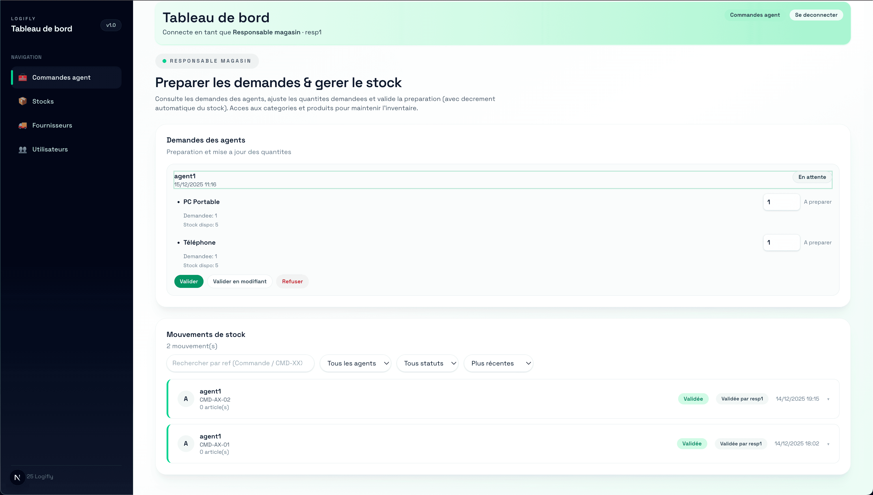 Validation des demandes (vue responsable)